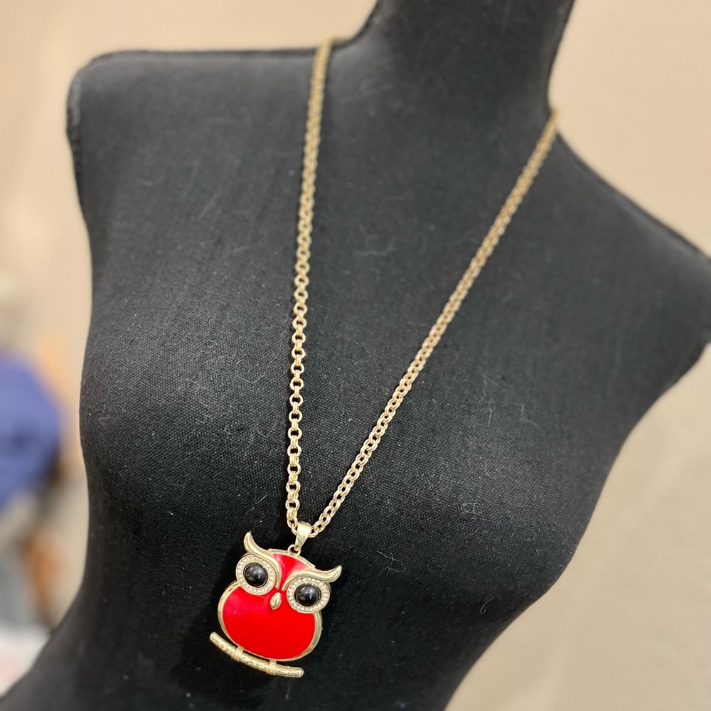 N170 Amrita Singh Austrian Crystal Red Enamel Owl Pendant Long Chain
